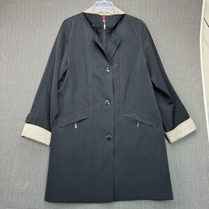 Gallery Womens Black Trench Coat Tan Cuff Accents Size L Button & Zip Closures